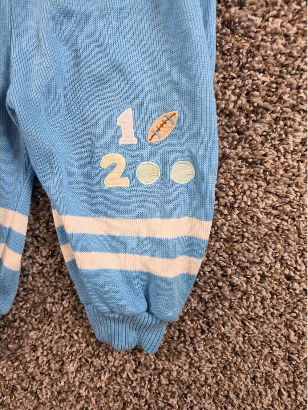 Vtg 90s light blue knit toddler overalls Boys Sz 18M Sports Football baseball